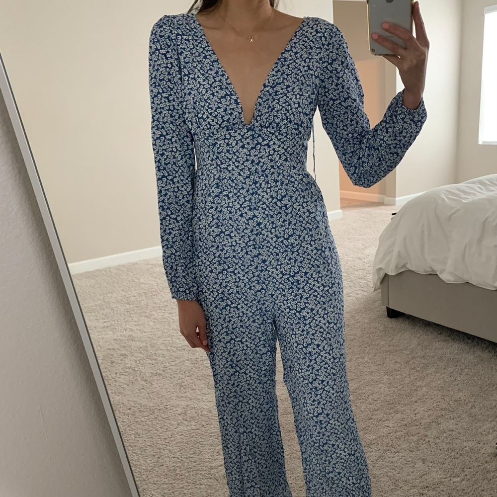 Lulus Blue Floral Print Long Sleeve Jumpsuit NEW